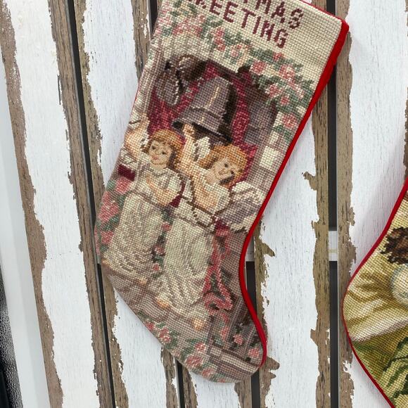 Vintage Needlepoint  Stockings Needlepoint by Hand Velvet backs Angels Santa - Picture 3 of 6